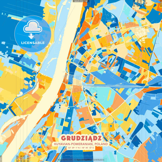 Grudziądz, Kuyavian-Pomeranian, Poland blue and orange vector art map template