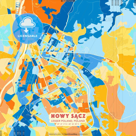 Nowy Sącz, Lesser Poland, Poland blue and orange vector art map template