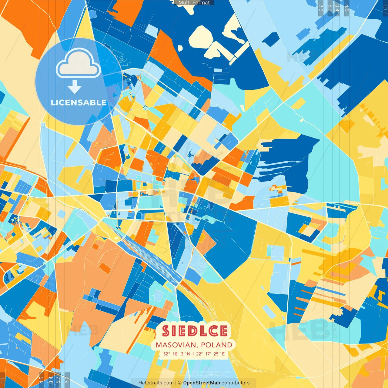 Siedlce, Masovian, Poland blue and orange vector art map template