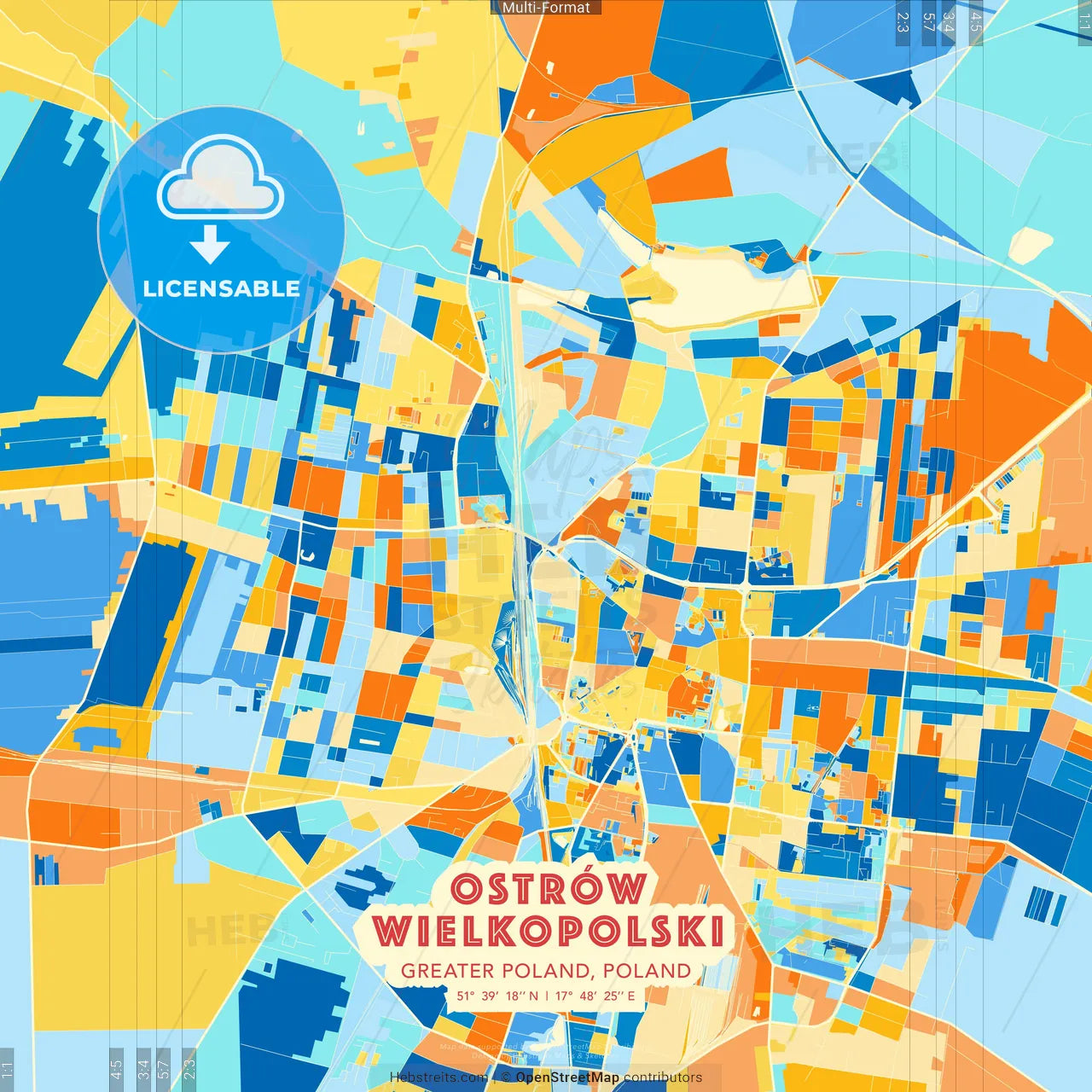 Ostrów Wielkopolski, Greater Poland, Poland blue and orange vector art map template