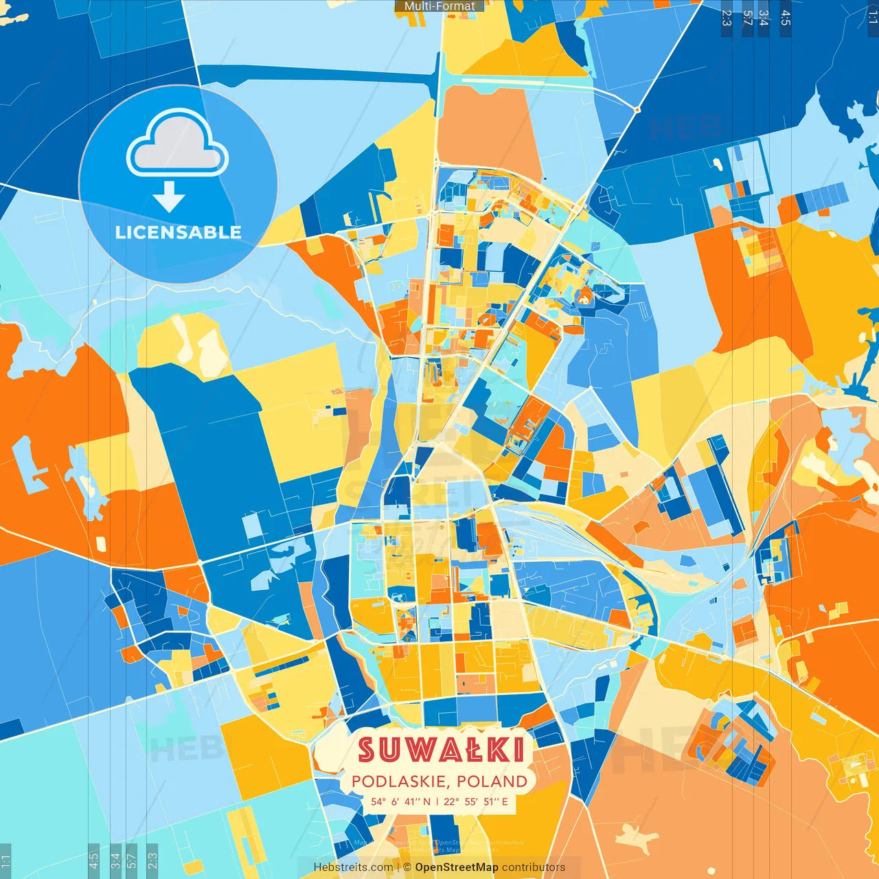 Suwałki, Podlaskie, Poland blue and orange vector art map template