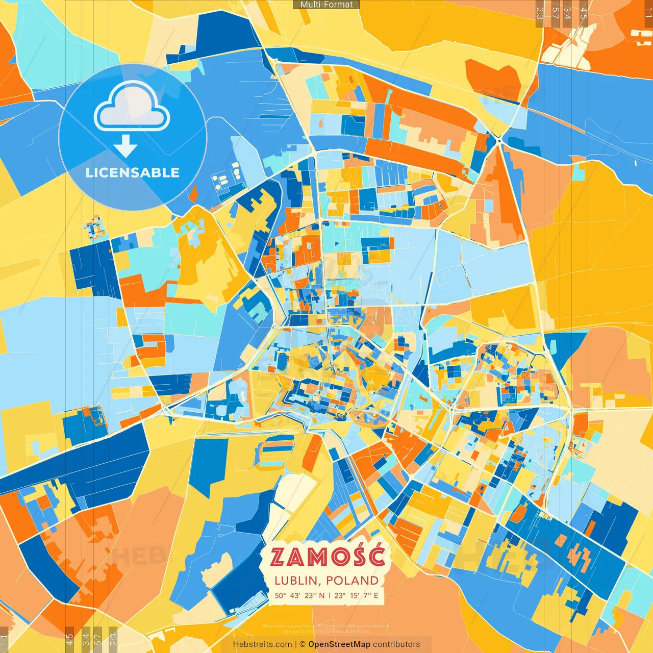 Zamość, Lublin, Poland blue and orange vector art map template