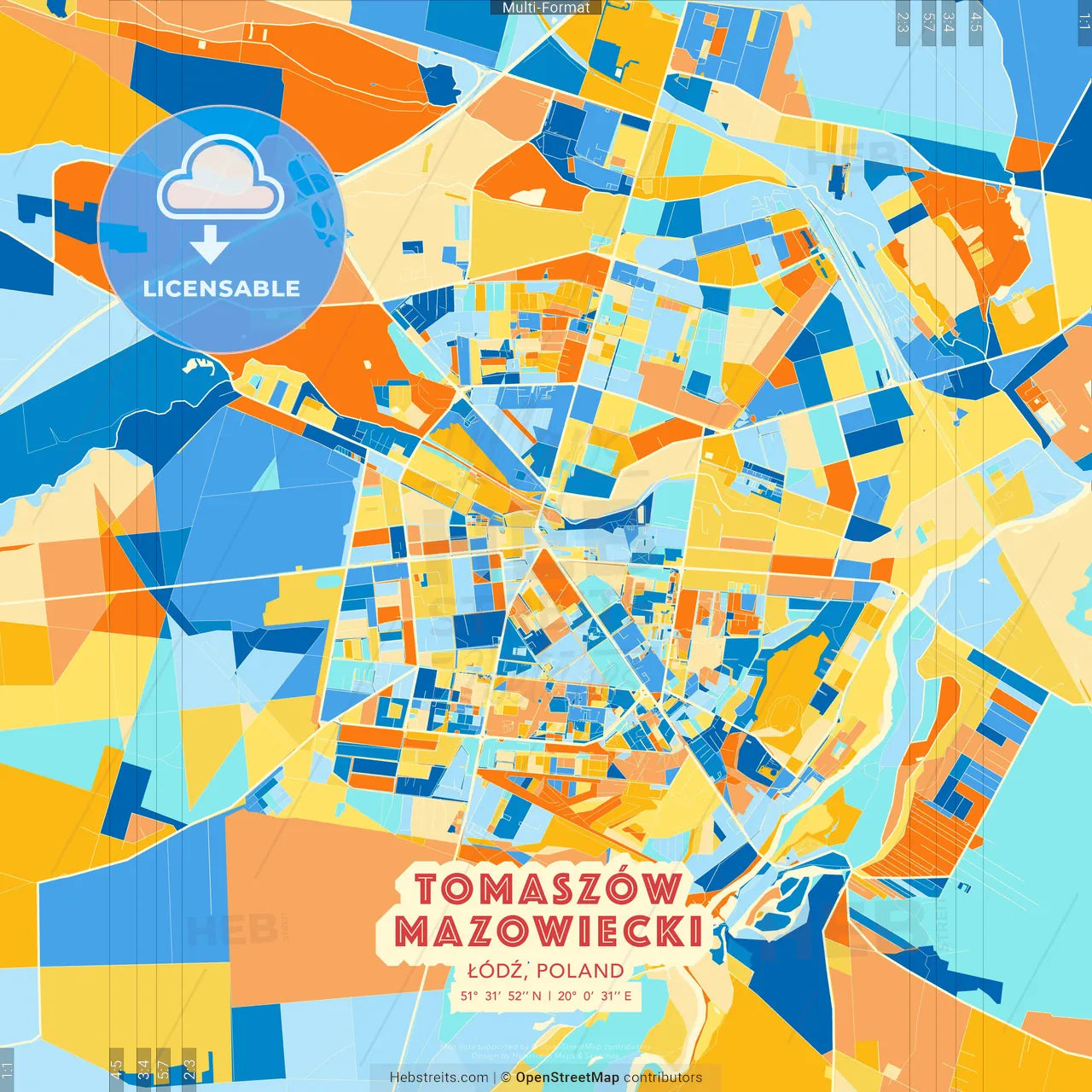 Tomaszów Mazowiecki, Łódź, Poland blue and orange vector art map template