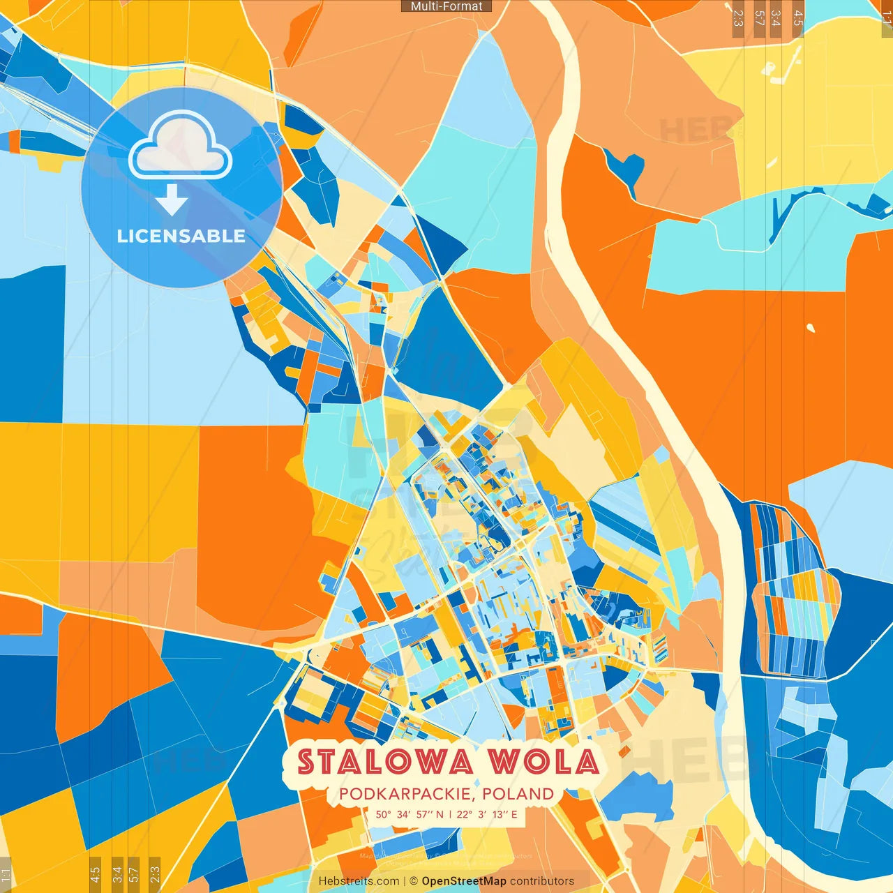 Stalowa Wola, Podkarpackie, Poland blue and orange vector art map template