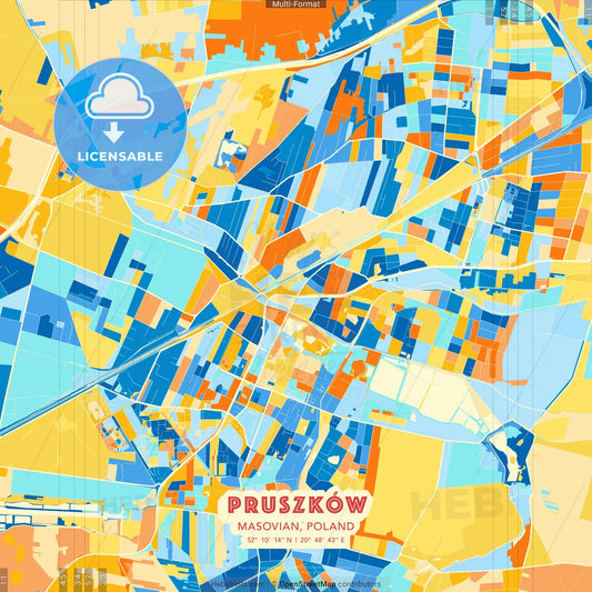 Pruszków, Masovian, Poland blue and orange vector art map template