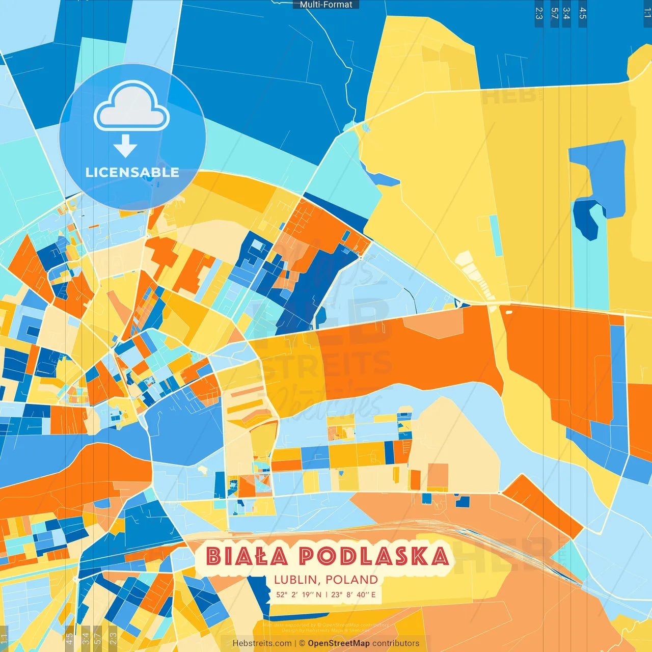 Biała Podlaska, Lublin, Poland blue and orange vector art map template
