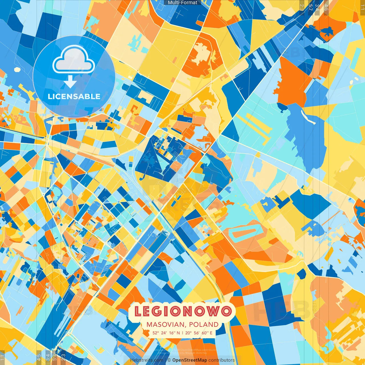Legionowo, Masovian, Poland blue and orange vector art map template