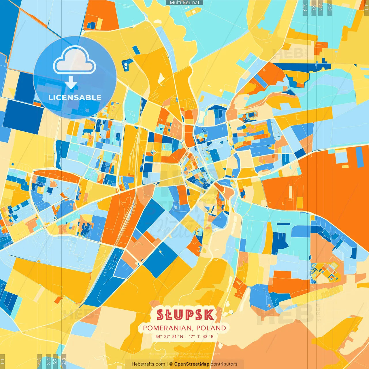 Słupsk, Pomeranian, Poland blue and orange vector art map template