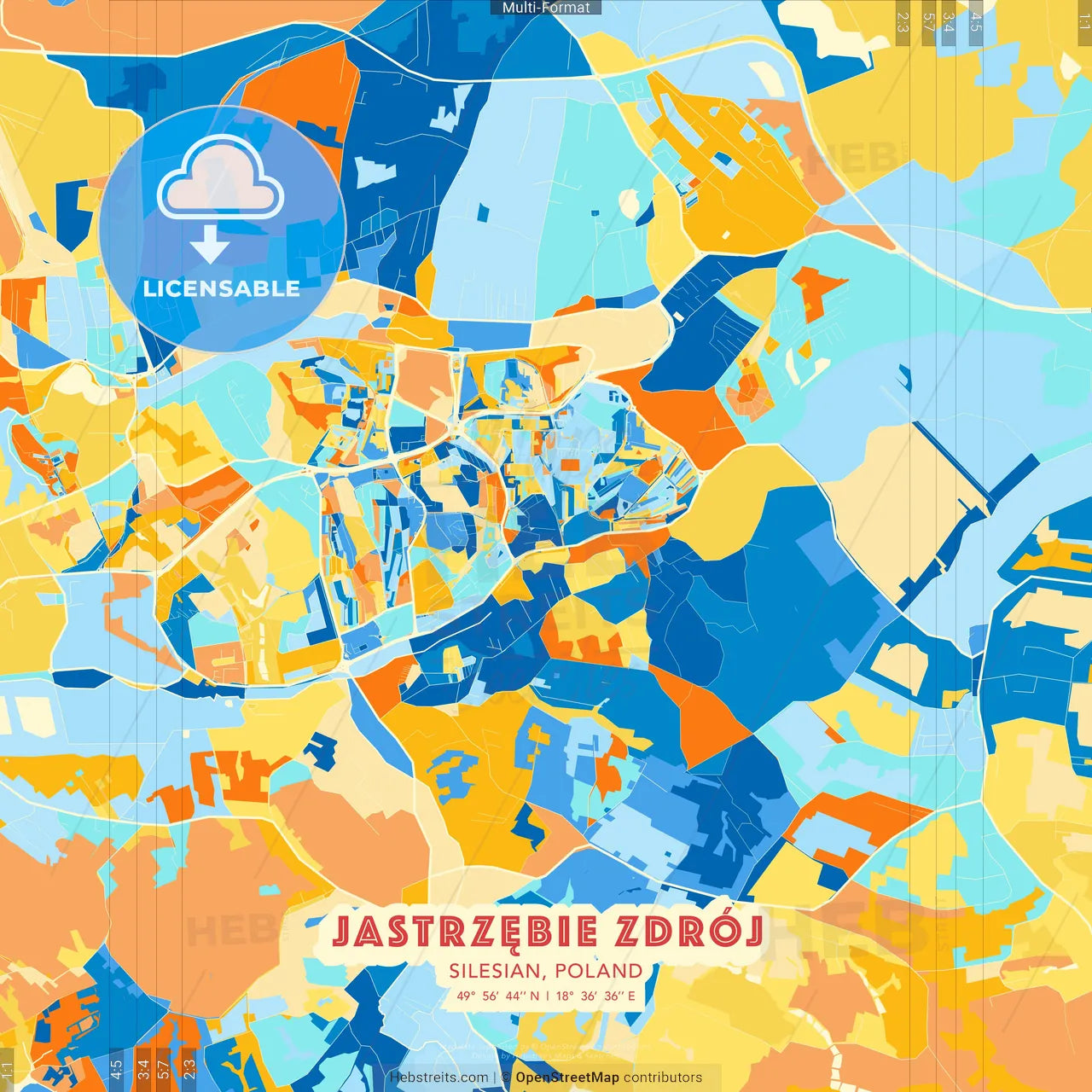 Jastrzębie Zdrój, Silesian, Poland blue and orange vector art map template
