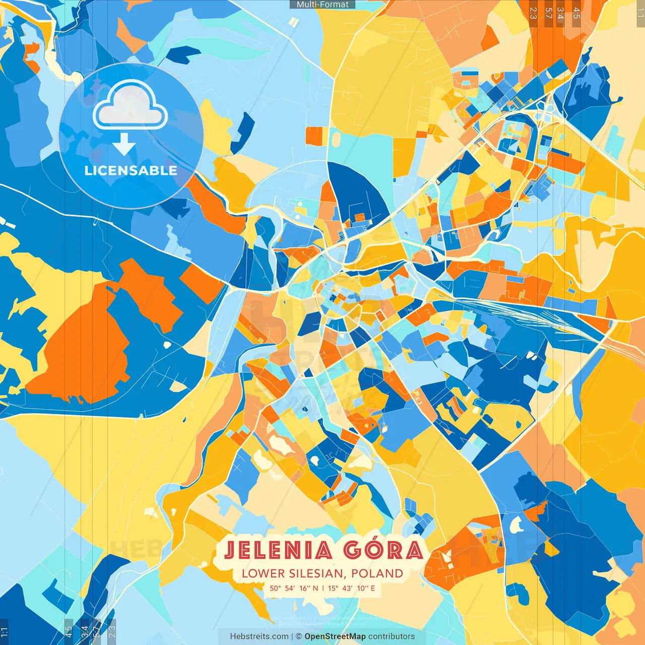 Jelenia Góra, Lower Silesian, Poland blue and orange vector art map template