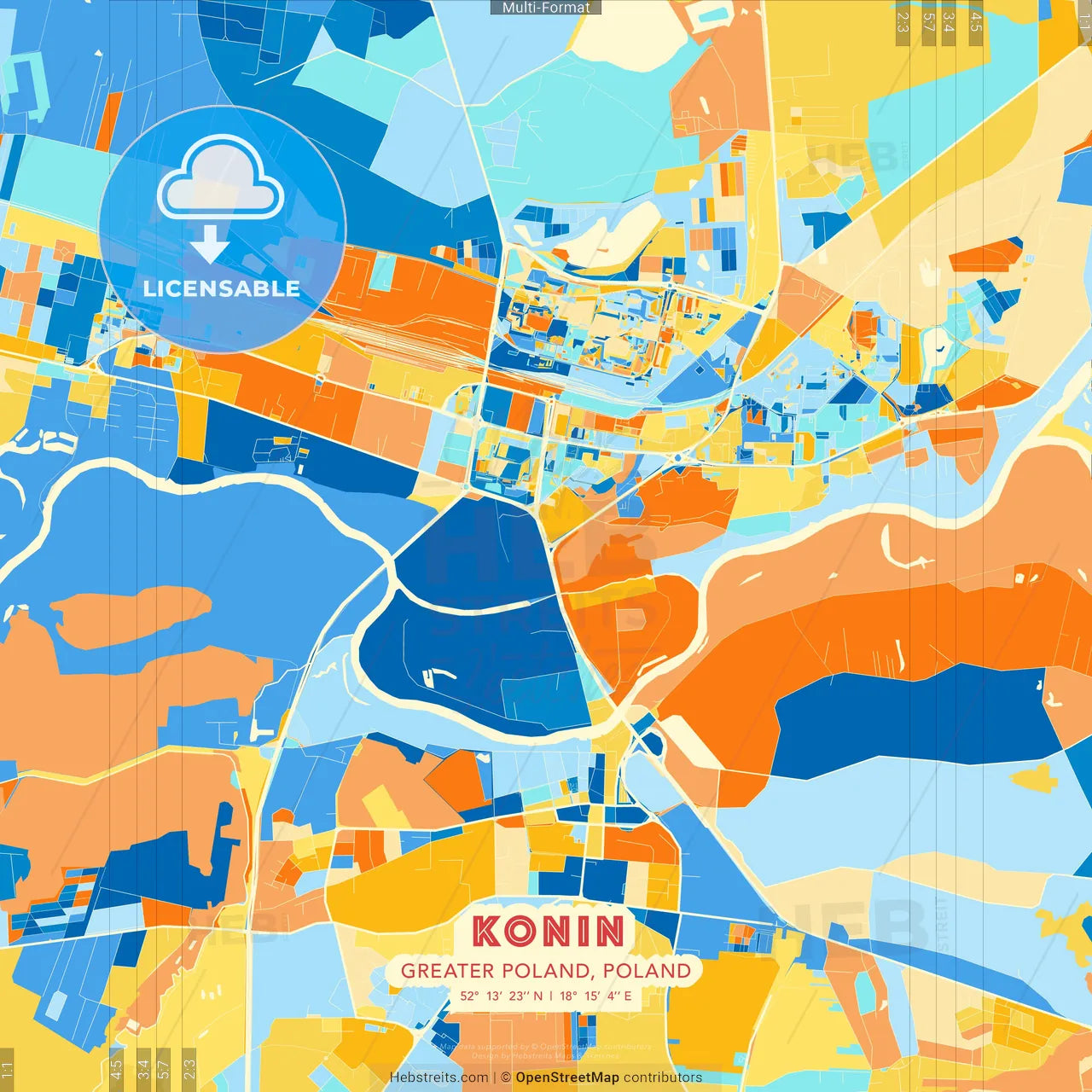Konin, Greater Poland, Poland blue and orange vector art map template