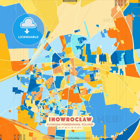 Inowrocław, Kuyavian-Pomeranian, Poland blue and orange vector art map template