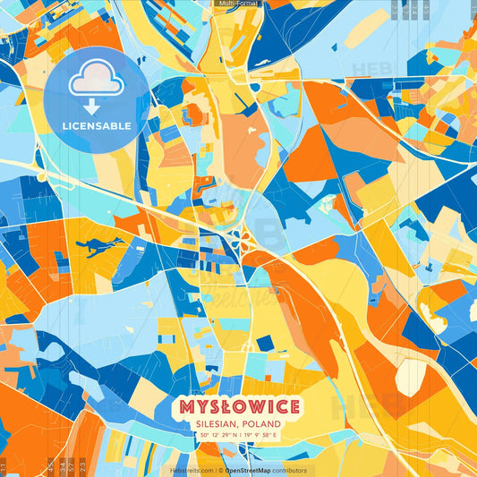 Mysłowice, Silesian, Poland blue and orange vector art map template