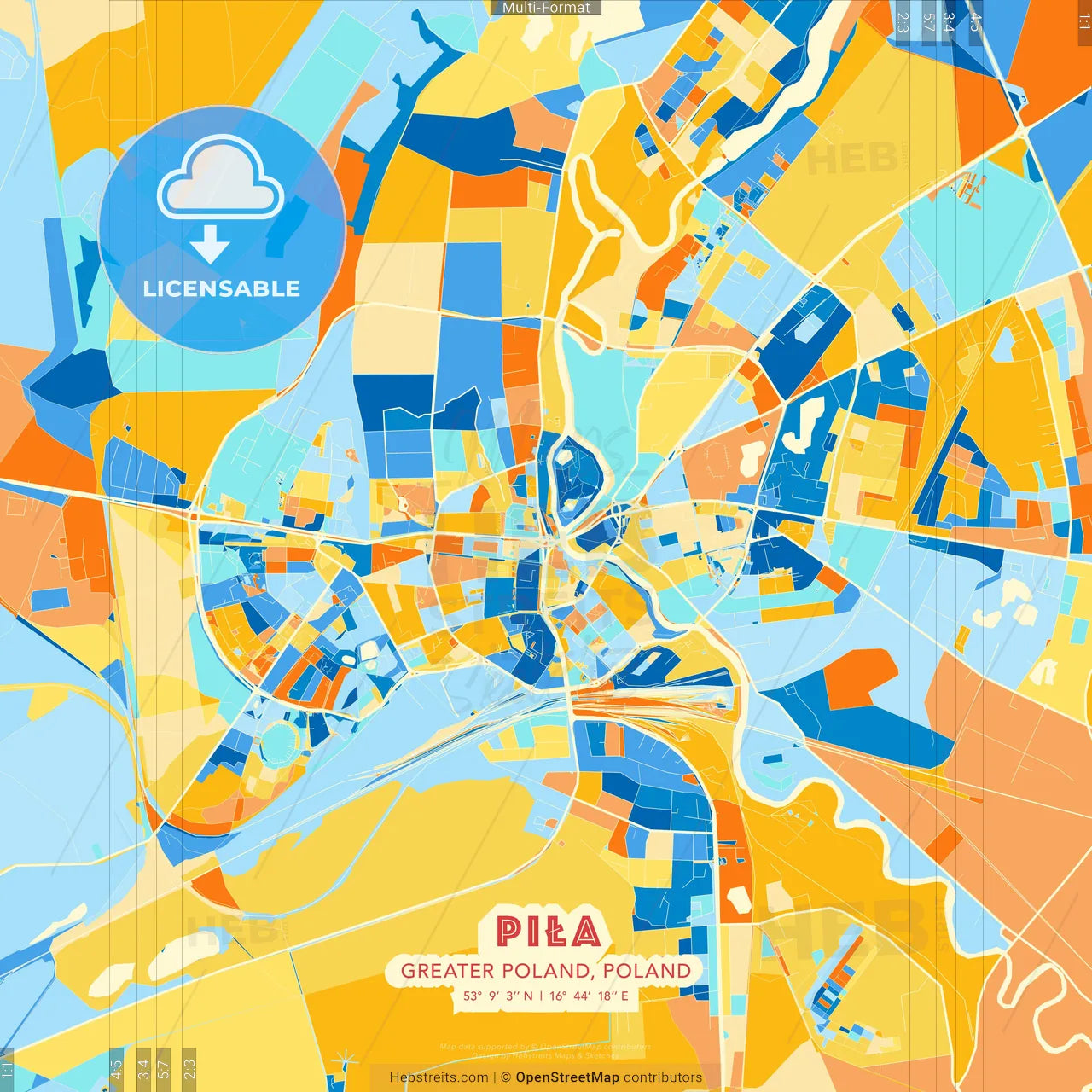 Piła, Greater Poland, Poland blue and orange vector art map template