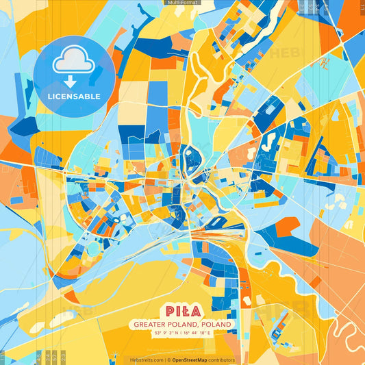 Piła, Greater Poland, Poland blue and orange vector art map template