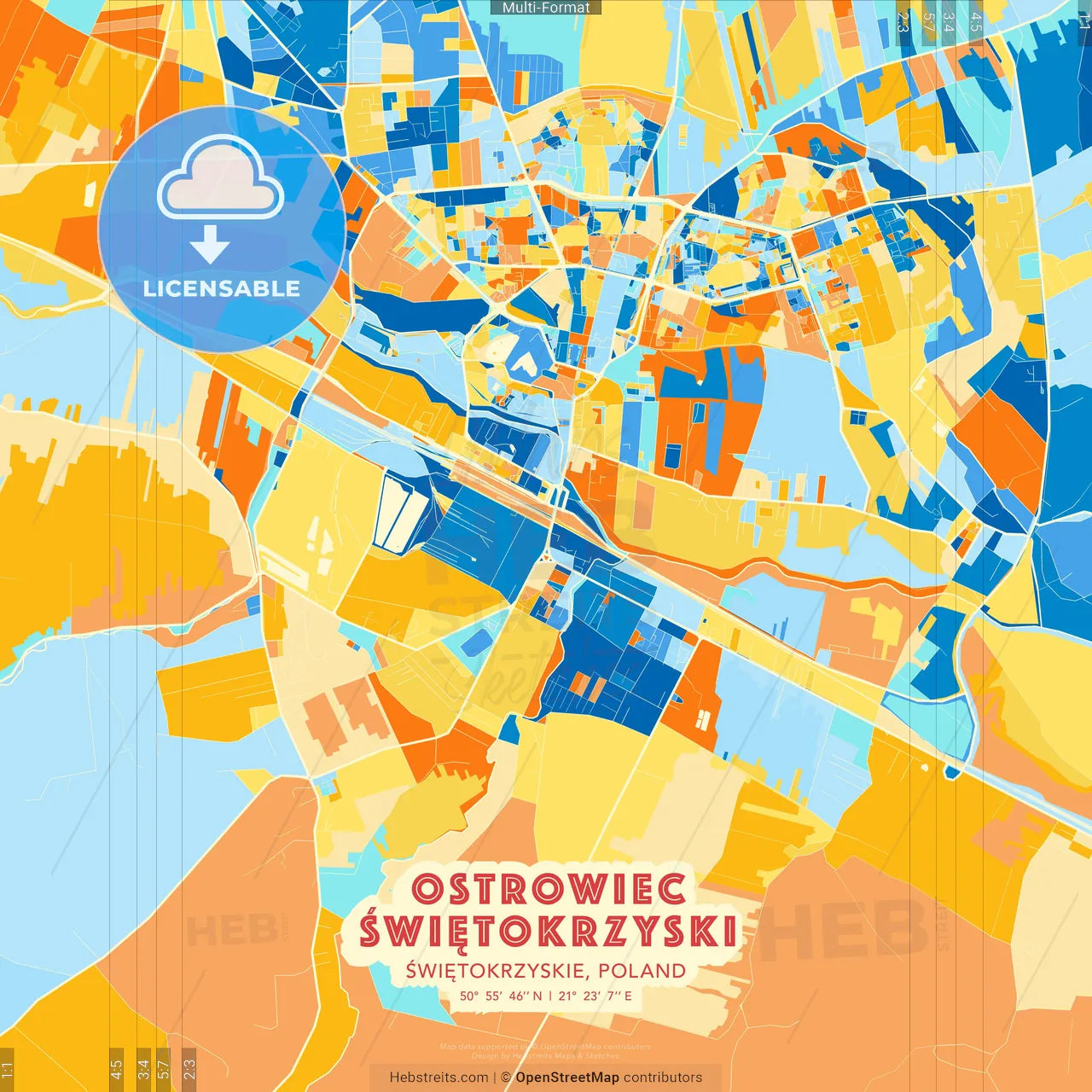 Ostrowiec Świętokrzyski, Świętokrzyskie, Poland blue and orange vector art map template