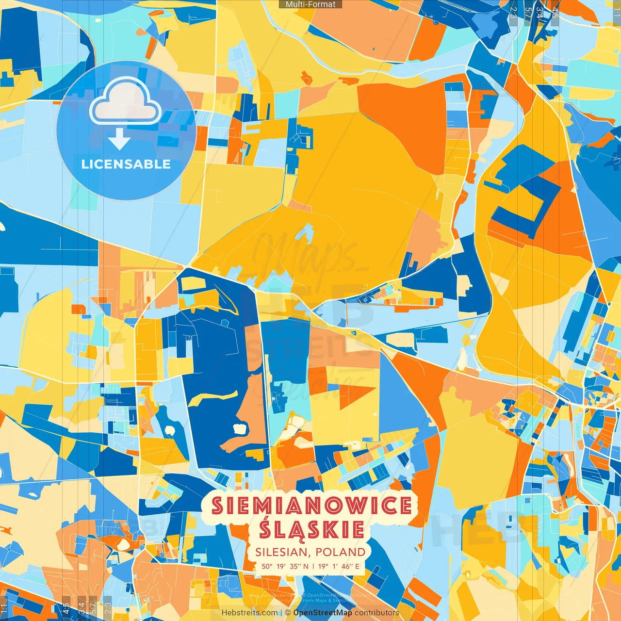 Siemianowice Śląskie, Silesian, Poland blue and orange vector art map template