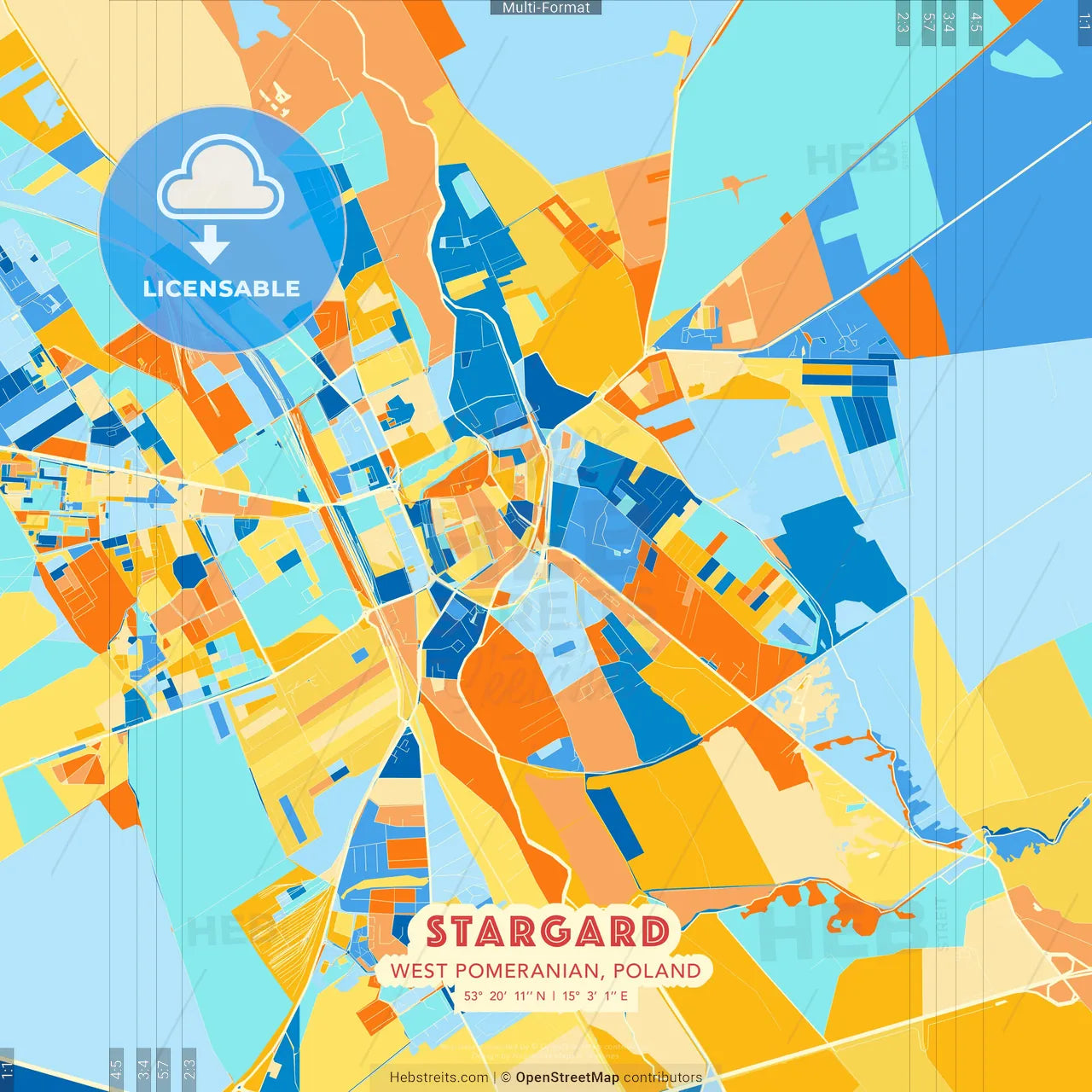 Stargard, West Pomeranian, Poland blue and orange vector art map template