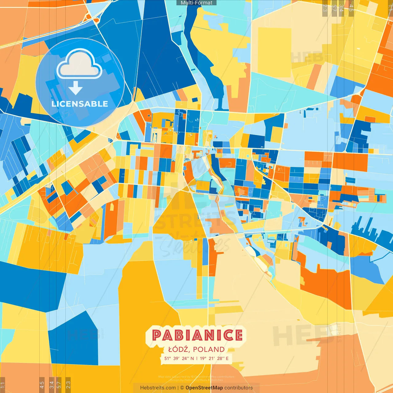 Pabianice, Łódź, Poland blue and orange vector art map template
