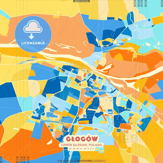 Głogów, Lower Silesian, Poland blue and orange vector art map template