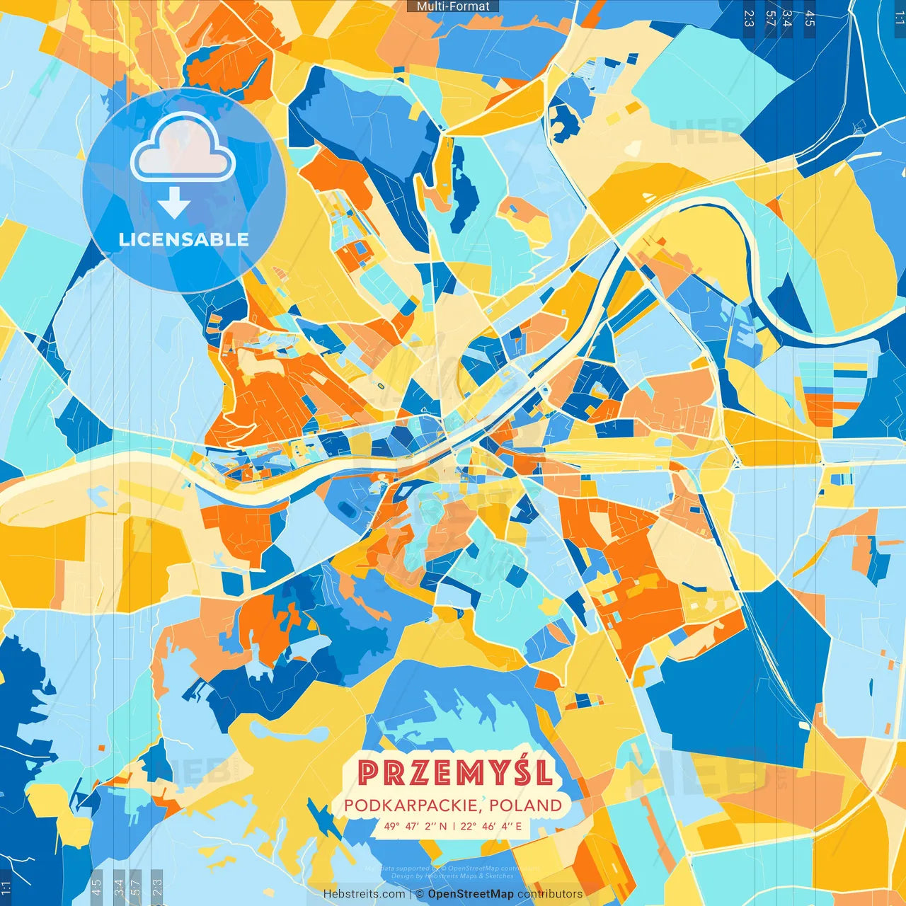 Przemyśl, Podkarpackie, Poland blue and orange vector art map template