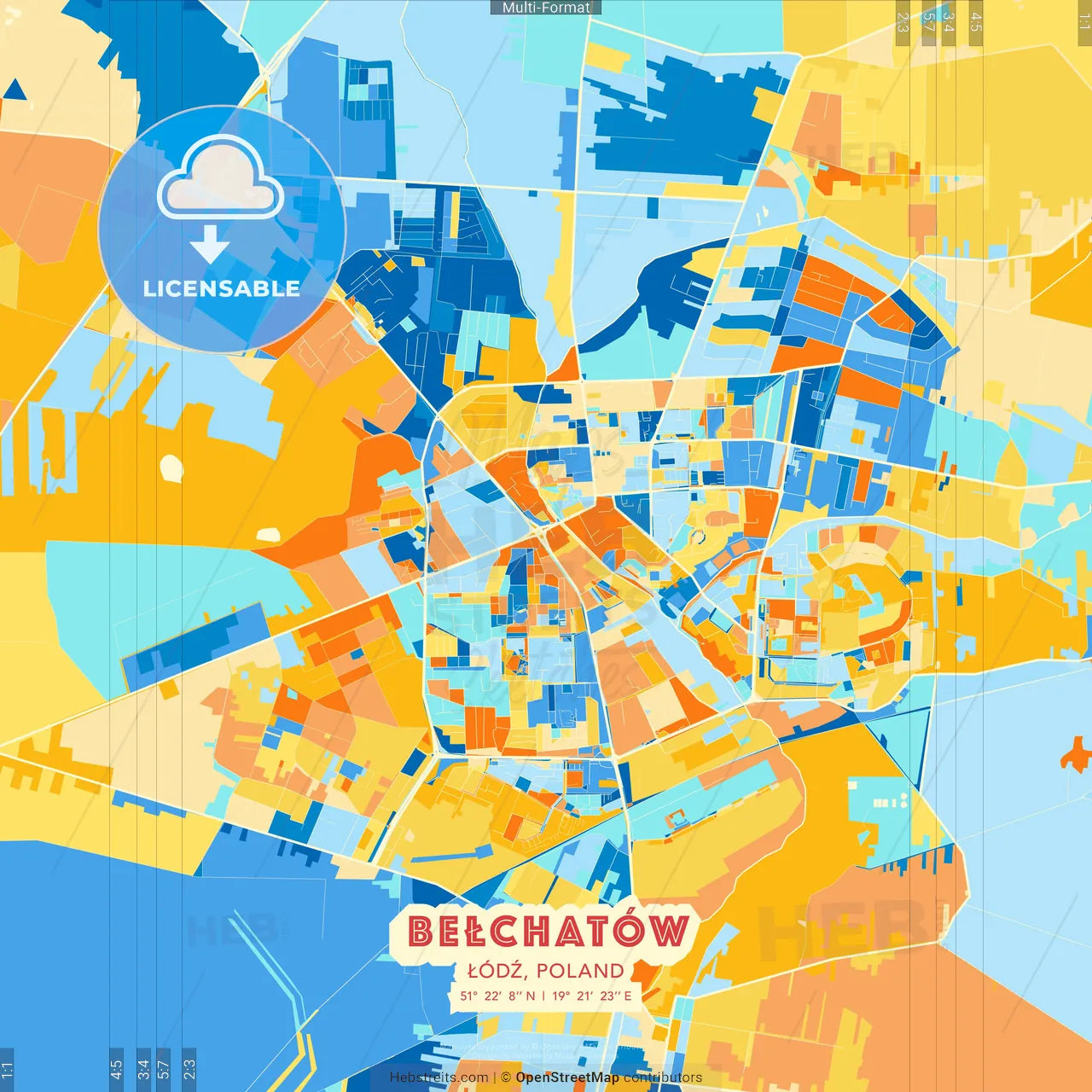 Bełchatów, Łódź, Poland blue and orange vector art map template