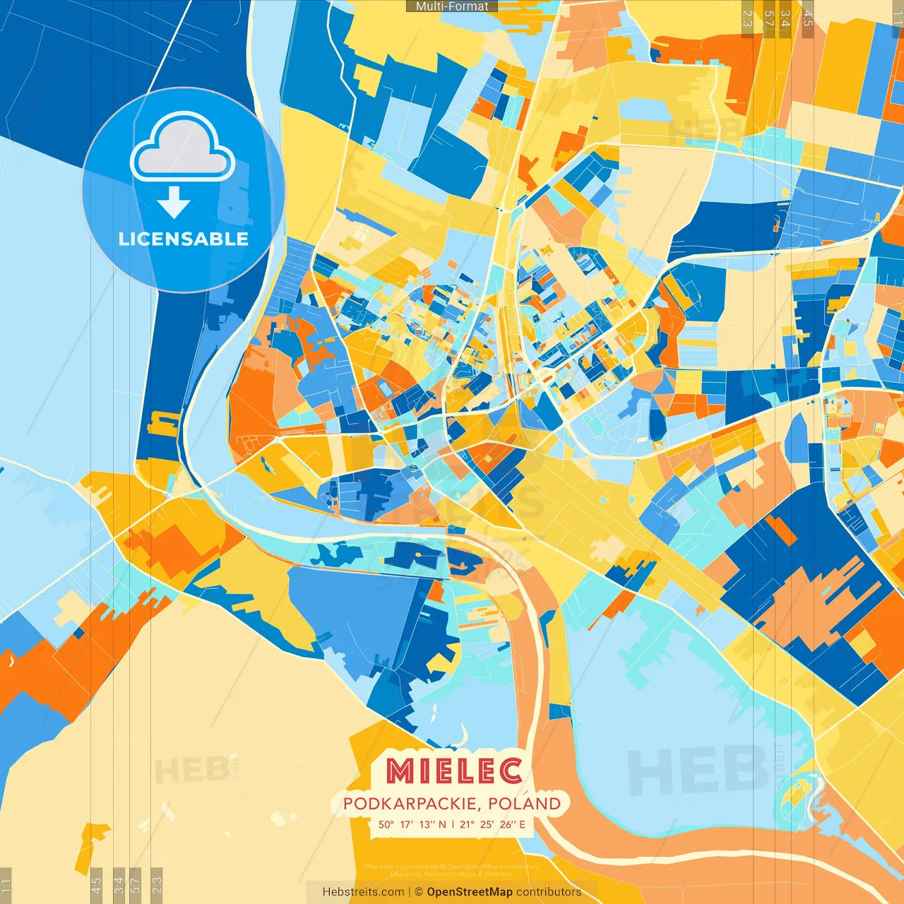 Mielec, Podkarpackie, Poland blue and orange vector art map template