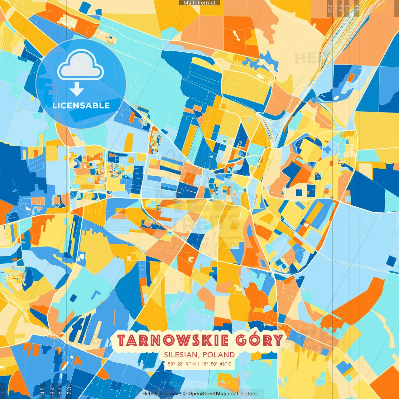 Tarnowskie Góry, Silesian, Poland blue and orange vector art map template