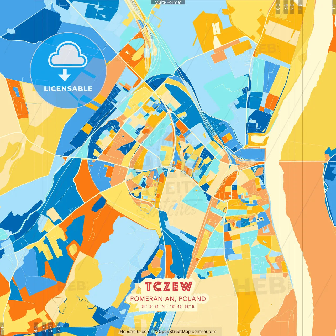 Tczew, Pomeranian, Poland blue and orange vector art map template