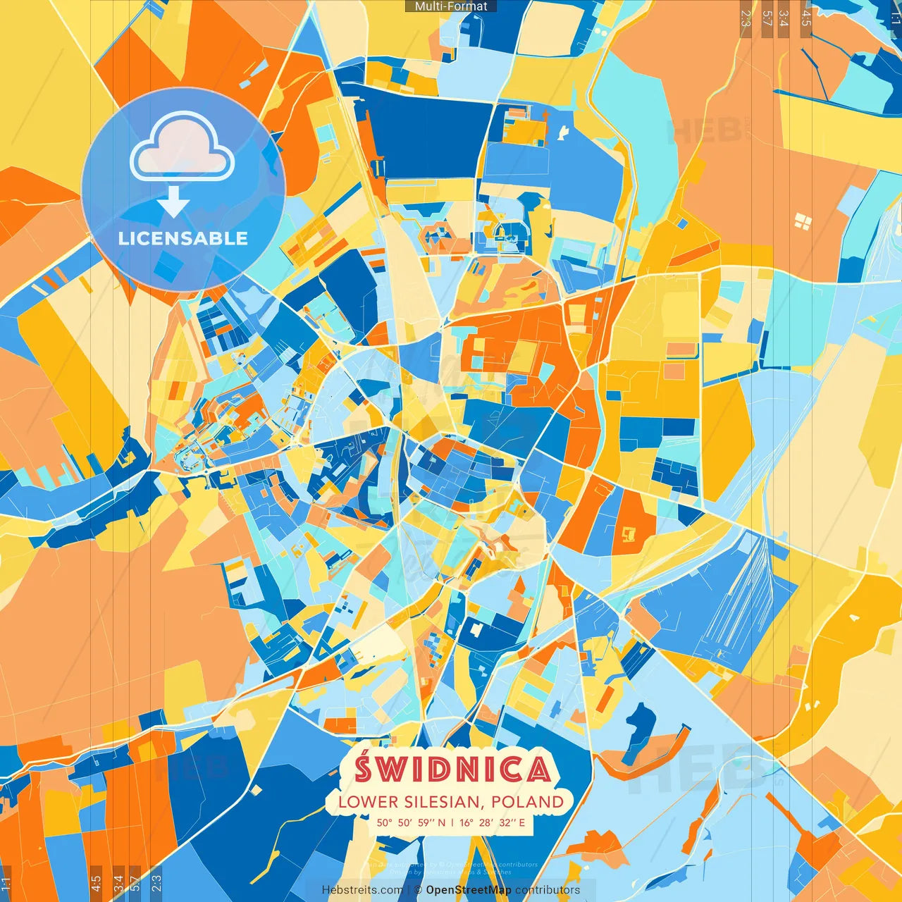 Świdnica, Lower Silesian, Poland blue and orange vector art map template