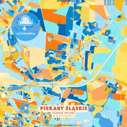 Piekary Śląskie, Silesian, Poland blue and orange vector art map template
