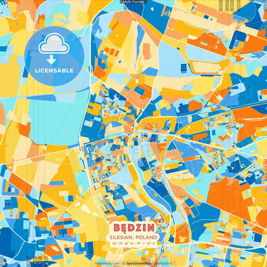 Będzin, Silesian, Poland blue and orange vector art map template
