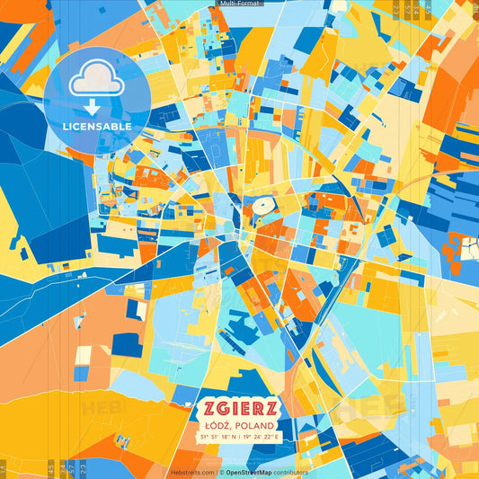 Zgierz, Łódź, Poland blue and orange vector art map template