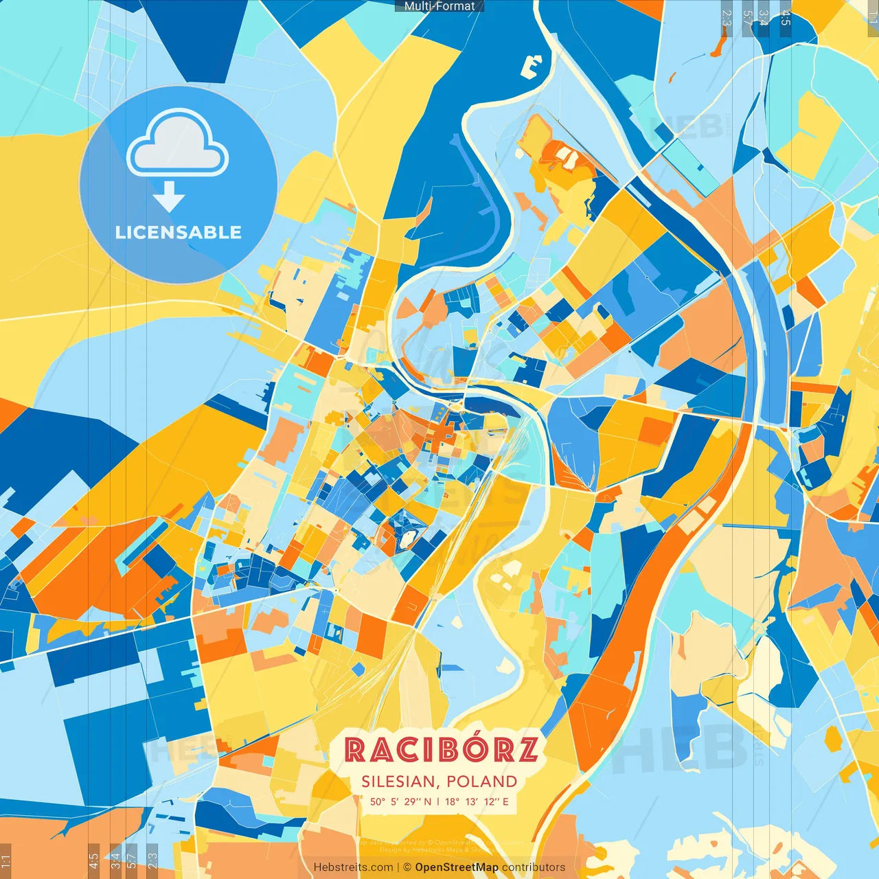 Racibórz, Silesian, Poland blue and orange vector art map template