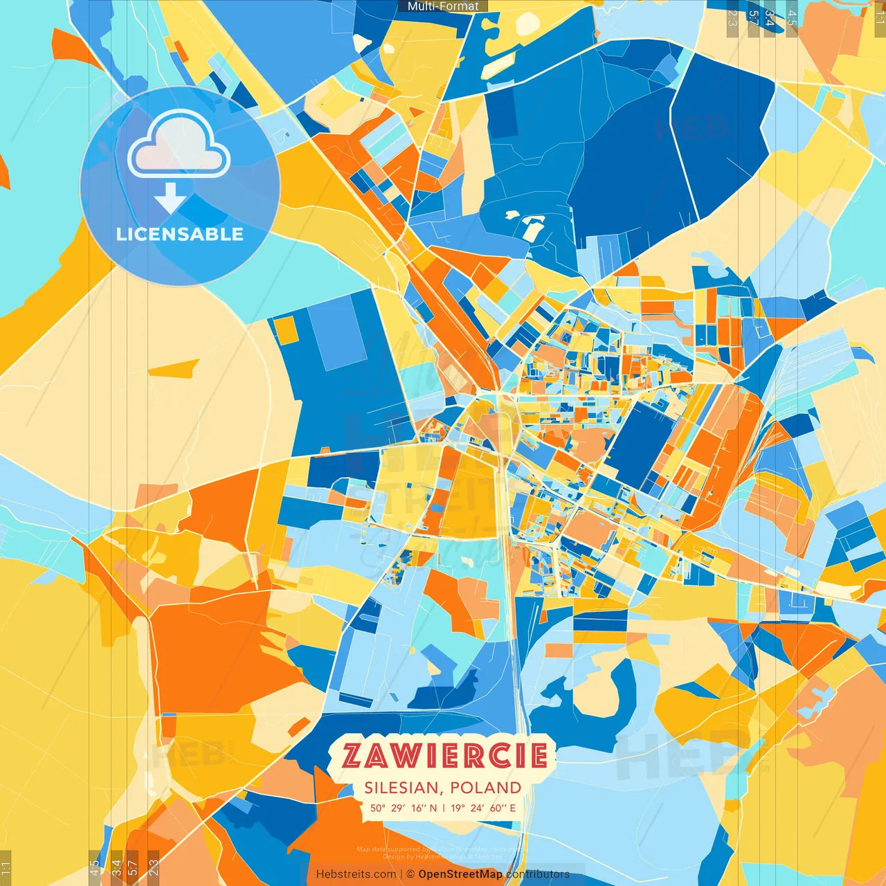 Zawiercie, Silesian, Poland blue and orange vector art map template