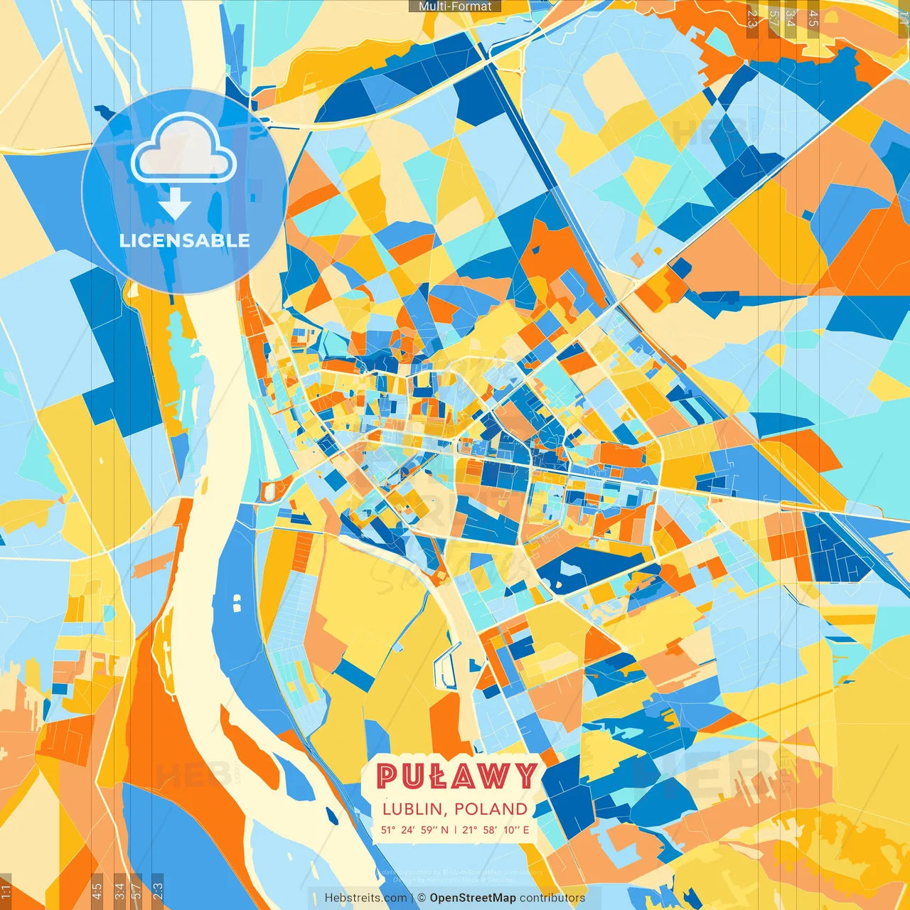 Puławy, Lublin, Poland blue and orange vector art map template