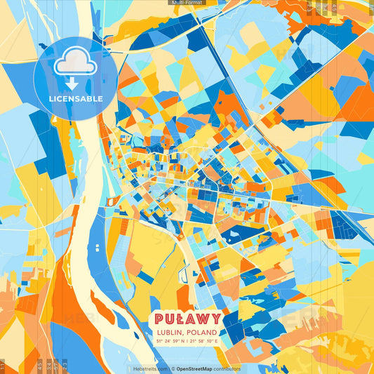 Puławy, Lublin, Poland blue and orange vector art map template
