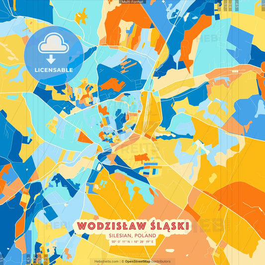Wodzisław Śląski, Silesian, Poland blue and orange vector art map template