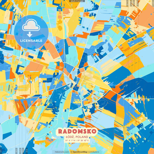 Radomsko, Łódź, Poland blue and orange vector art map template