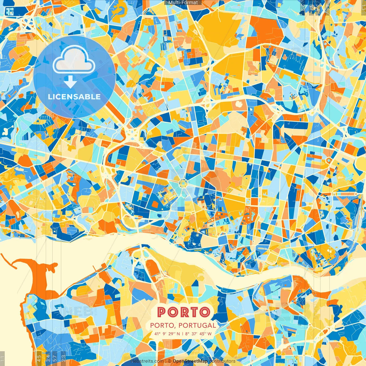 Porto, Porto, Portugal blue and orange vector art map template