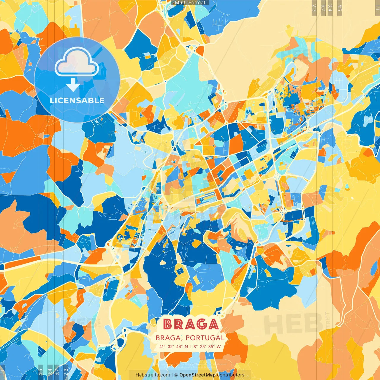 Braga, Braga, Portugal blue and orange vector art map template