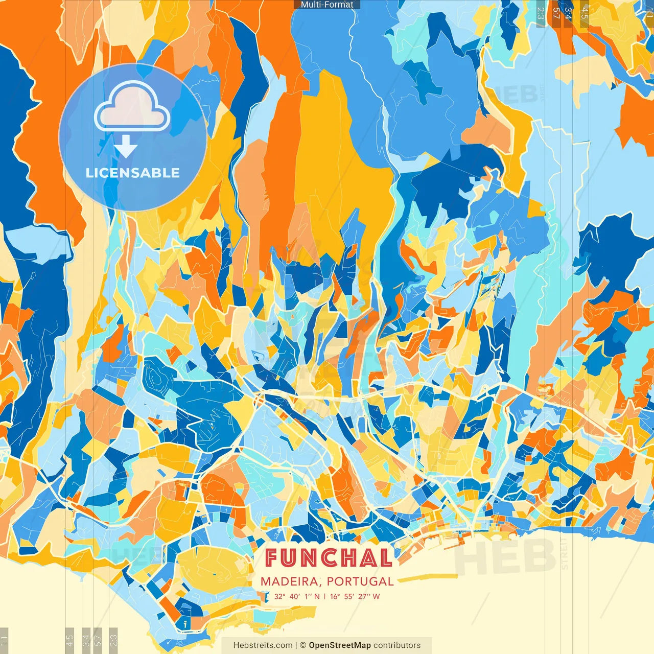 Funchal, Madeira, Portugal blue and orange vector art map template