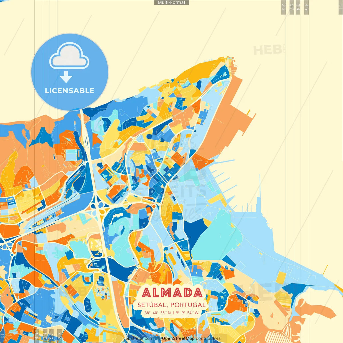 Almada, Setúbal, Portugal blue and orange vector art map template