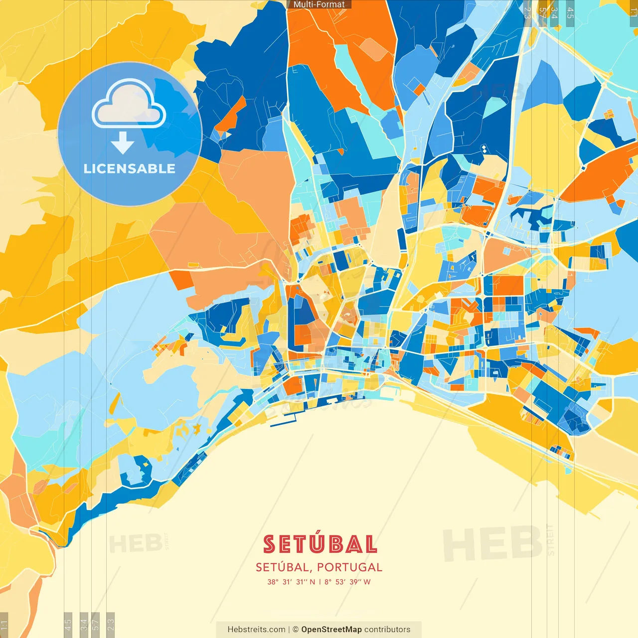Setúbal, Setúbal, Portugal blue and orange vector art map template