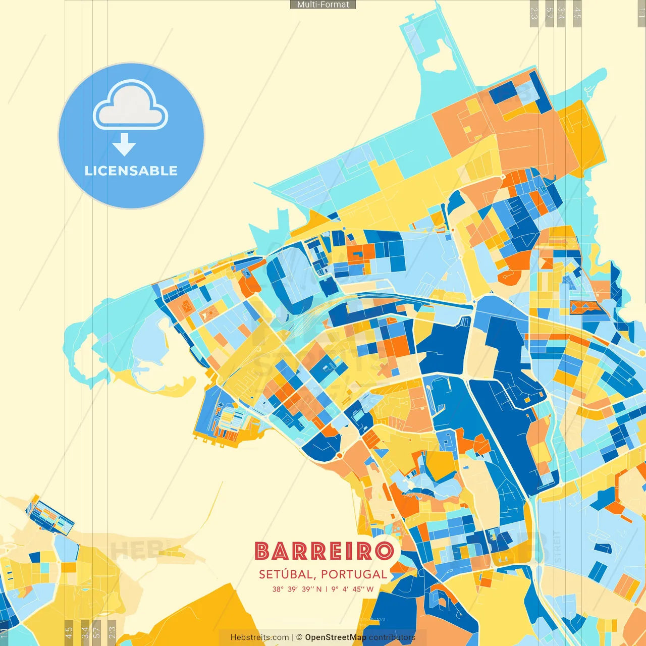 Barreiro, Setúbal, Portugal blue and orange vector art map template