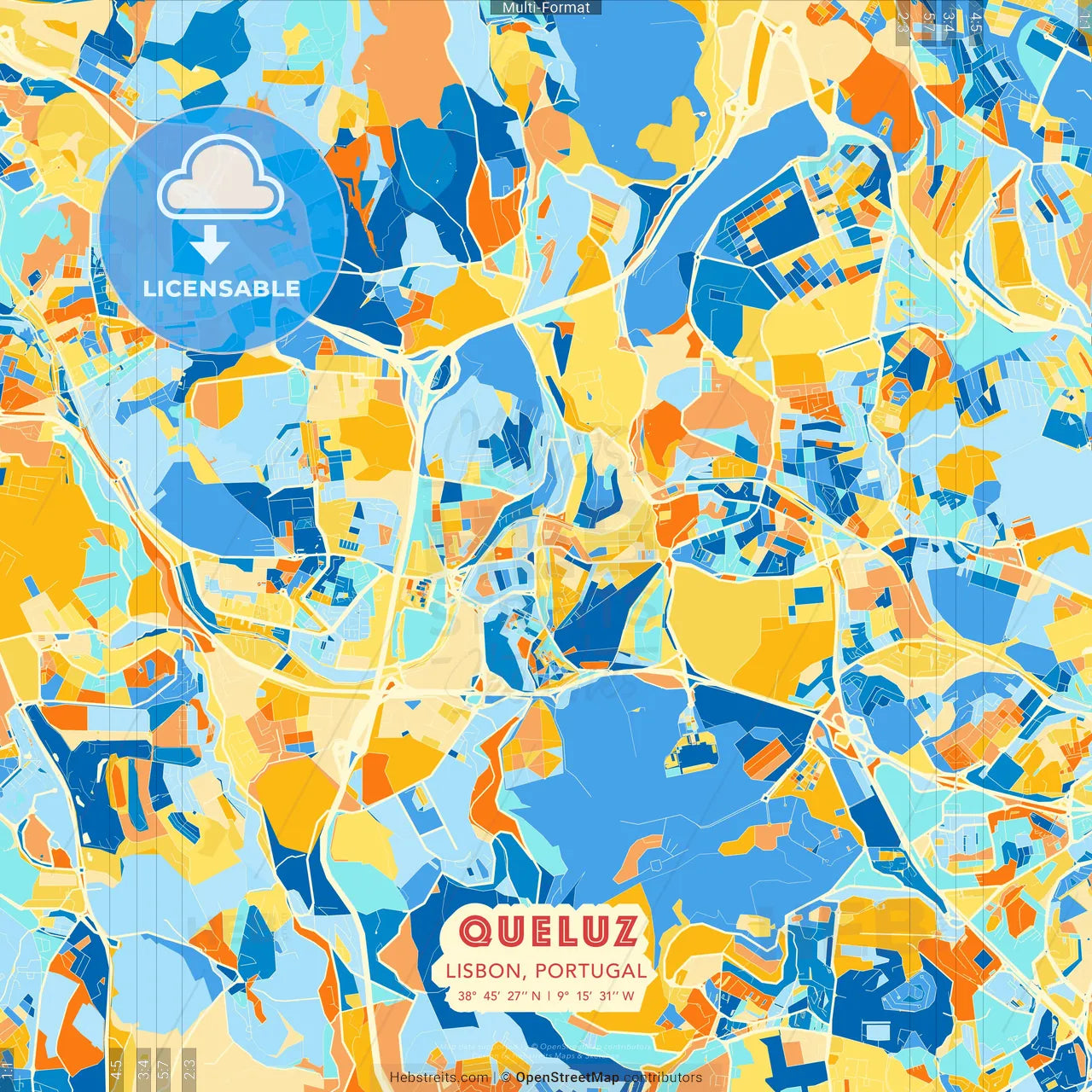 Queluz, Lisbon, Portugal blue and orange vector art map template