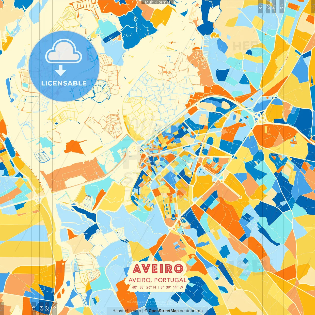 Aveiro, Aveiro, Portugal blue and orange vector art map template