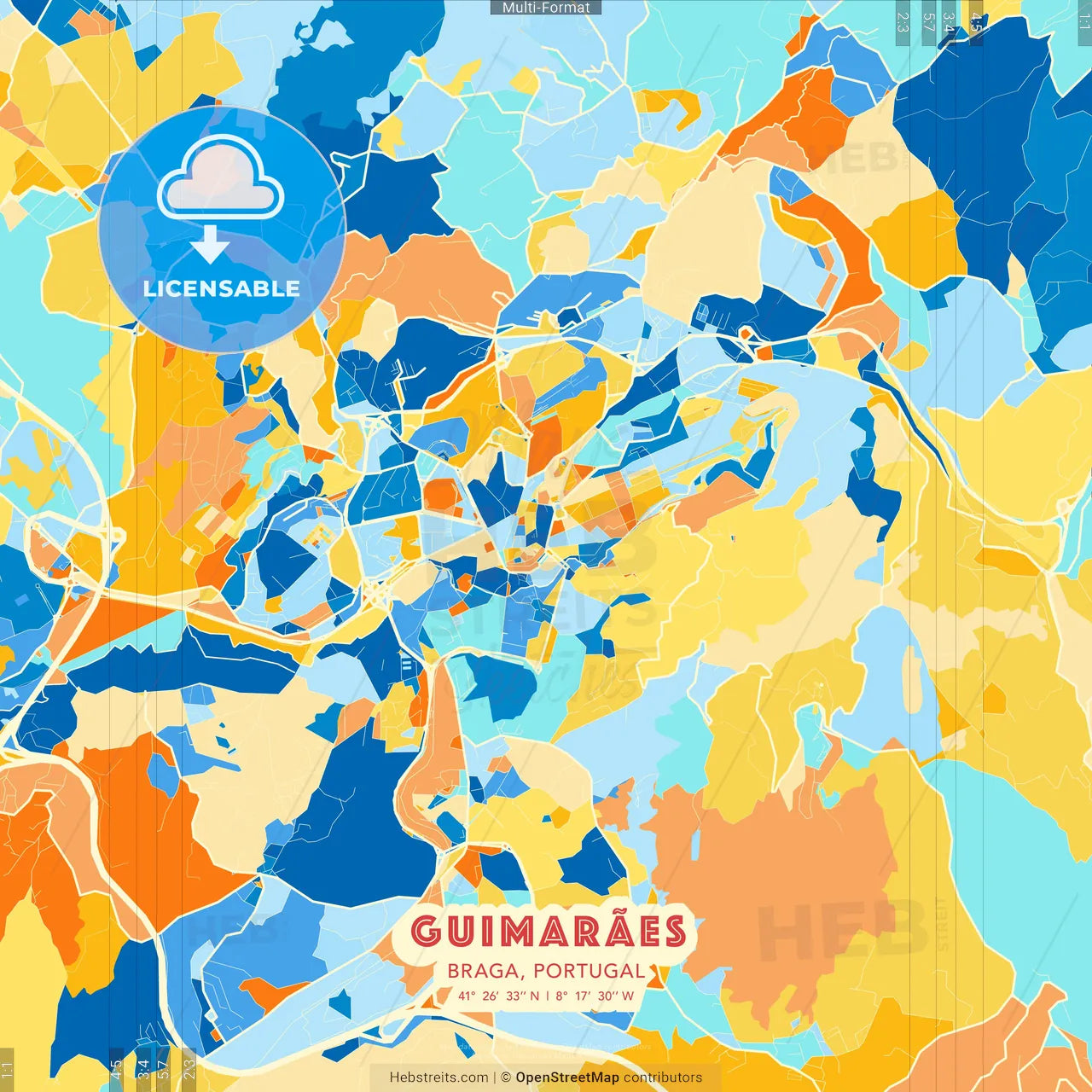 Guimarães, Braga, Portugal blue and orange vector art map template