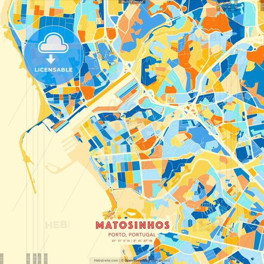 Matosinhos, Porto, Portugal blue and orange vector art map template