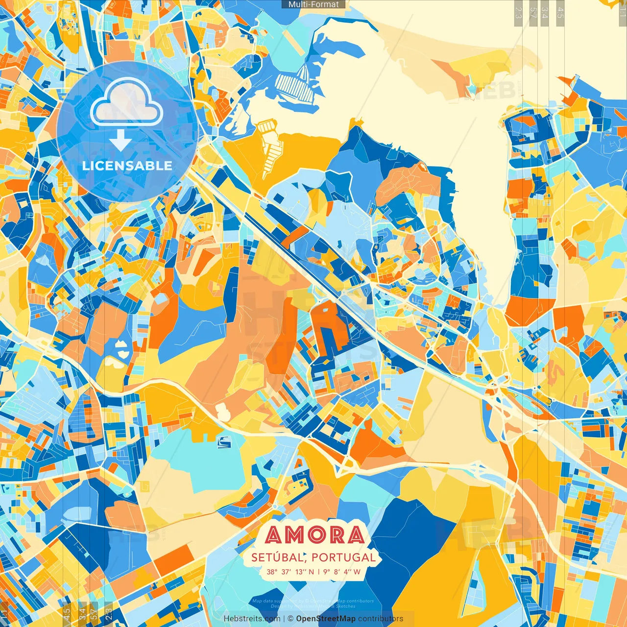 Amora, Setúbal, Portugal blue and orange vector art map template